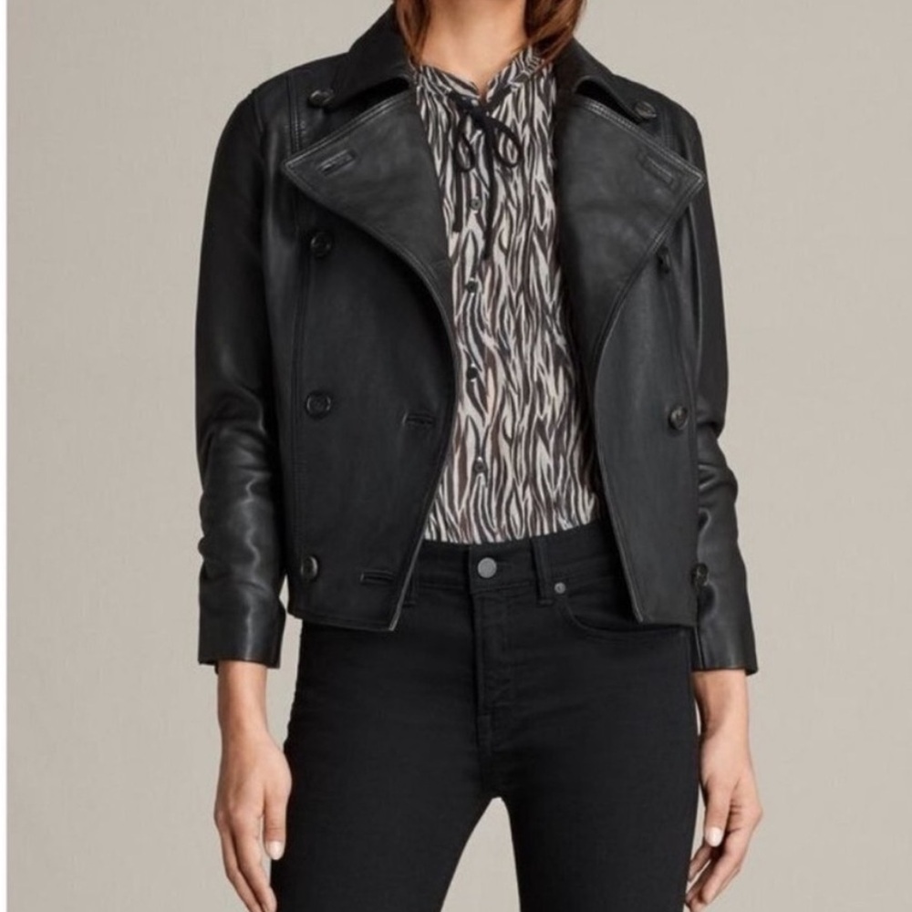 All Saints double breasted black leather jacket sz 4